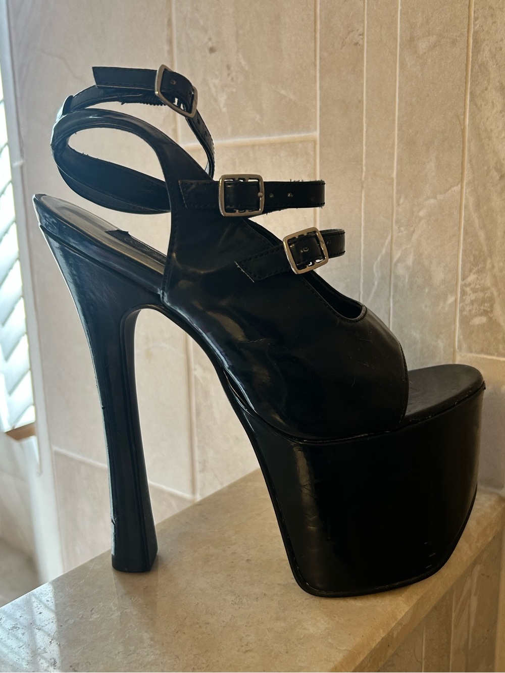 Pleaser Black Patent High Platform Triple Buckle Stiletto